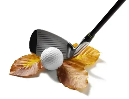 Golf club hitting a golf ball on leaves